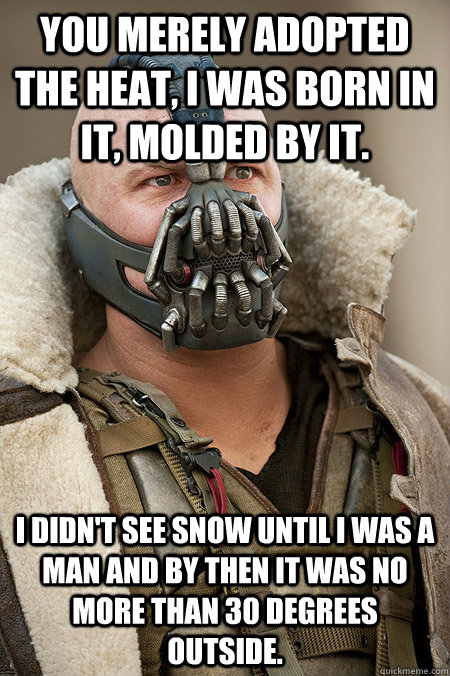 You merely adopted the heat, I was born in it, molded by it.  I didn't see snow until I was a man and by then it was no more than 30 degrees outside.  Bad Jokes Bane