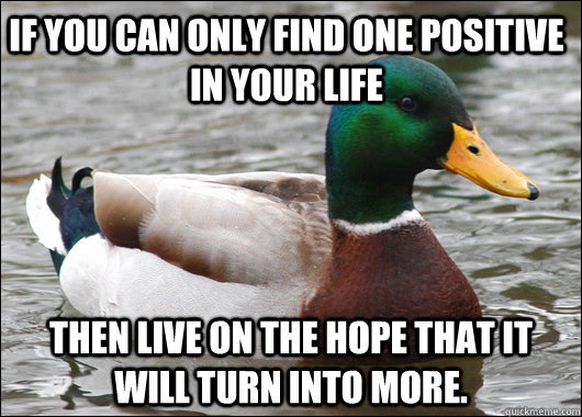 If you can only find one positive in your life Then live on the hope that it will turn into more.  Actual Advice Mallard