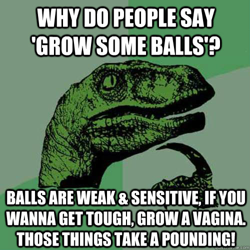 Why do people say 'grow some balls'?  Balls are weak & sensitive, If you wanna get tough, grow a vagina. Those things take a pounding!  Philosoraptor