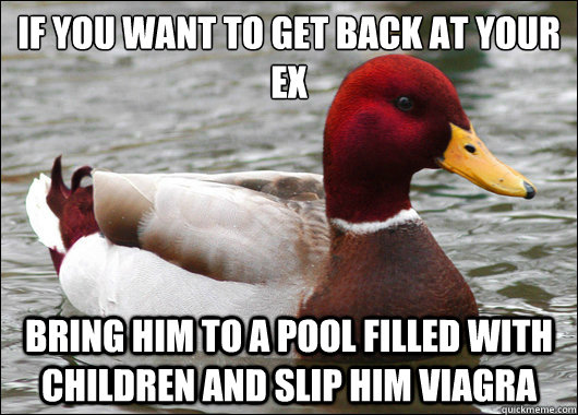 If you want to get back at your ex
 Bring him to a pool filled with children and slip him viagra  Malicious Advice Mallard