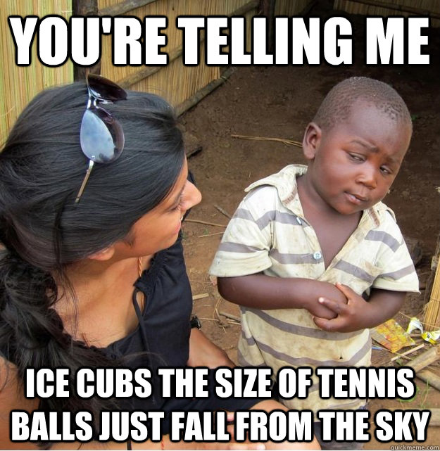 You're telling me  Ice cubs the size of tennis balls just fall from the sky - You're telling me  Ice cubs the size of tennis balls just fall from the sky  Skeptical Third World Kid