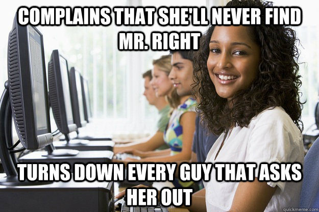 Complains that she'll never find Mr. Right Turns down every guy that asks her out  Highschool Girl