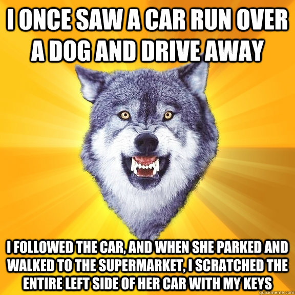 i once saw a car run over a dog and drive away i followed the car, and when she parked and walked to the supermarket, i scratched the entire left side of her car with my keys - i once saw a car run over a dog and drive away i followed the car, and when she parked and walked to the supermarket, i scratched the entire left side of her car with my keys  Courage Wolf