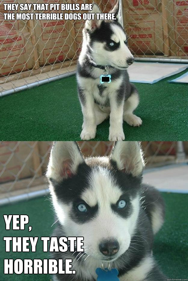 they say that pit bulls are
the most terrible dogs out there. Yep, 
they taste 
horrible.  Insanity puppy