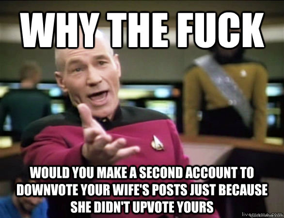 Why the fuck would you make a second account to downvote your wife's posts just because she didn't upvote yours  Annoyed Picard HD