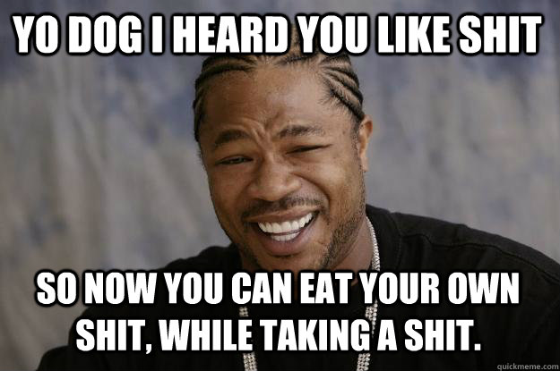 yo dog i heard you like shit so now you can eat your own shit, while taking a shit.  Xzibit meme