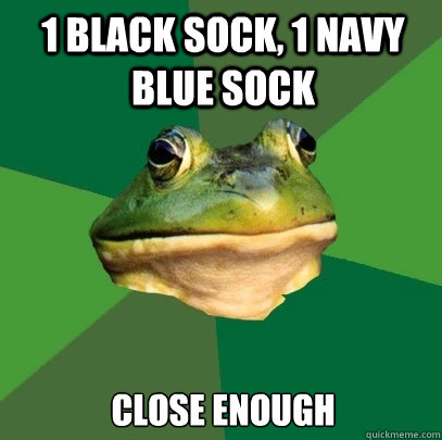 1 black sock, 1 navy blue sock close enough  Foul Bachelor Frog