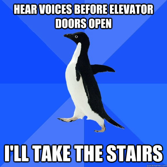 Hear voices before elevator doors open i'll take the stairs  Socially Awkward Penguin