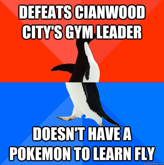 Defeats Cianwood city's gym leader Doesn't have a pokemon to learn fly  Socially Awesome Awkward Penguin