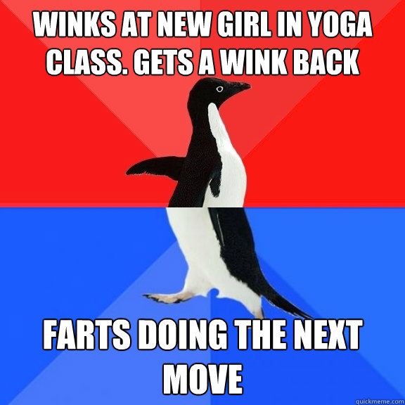 winks at new girl in yoga class. gets a wink back farts doing the next move  Socially Awksome Penguin
