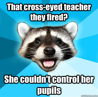 That cross-eyed teacher they fired? She couldn't control her pupils  Lame Pun Coon