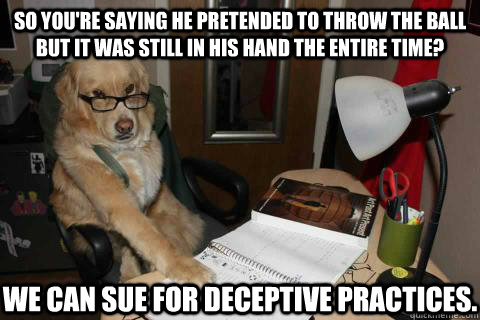 So you're saying he pretended to throw the ball but it was still in his hand the entire time? We can sue for deceptive practices. - So you're saying he pretended to throw the ball but it was still in his hand the entire time? We can sue for deceptive practices.  Disapproving Dad Dog