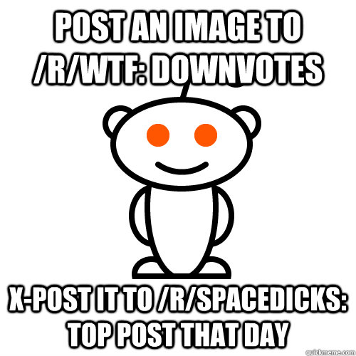 Post an image to /r/wtf: downvotes x-post it to /r/spacedicks: top post that day  Scumbag Redditor
