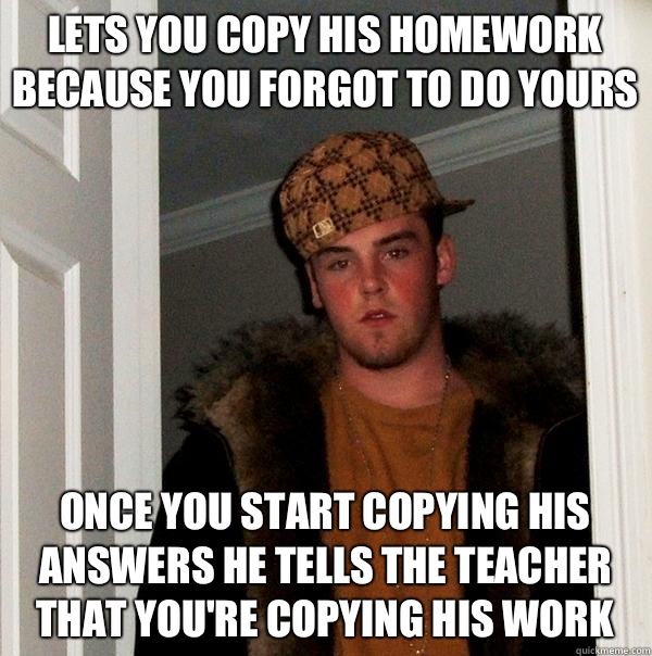 Lets you copy his homework because you forgot to do yours Once you start copying his answers he tells the teacher that you're copying his work  Scumbag Steve