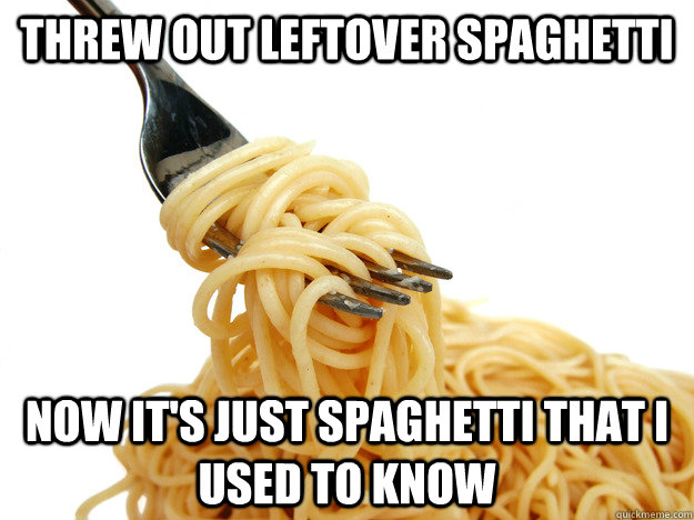 Threw out leftover spaghetti Now it's just spaghetti that i used to know - Threw out leftover spaghetti Now it's just spaghetti that i used to know  Leftover Spaghetti