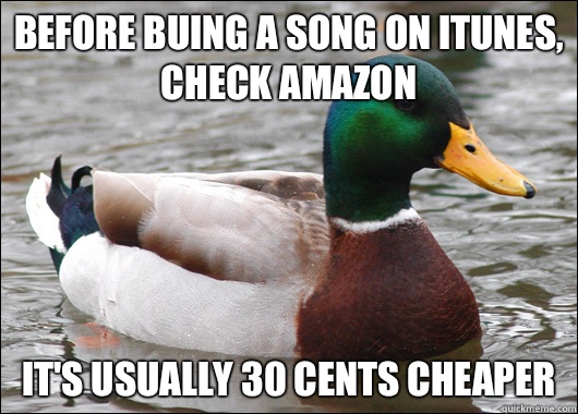 Before buing a song on iTunes, check amazon It's usually 30 cents cheaper  Actual Advice Mallard