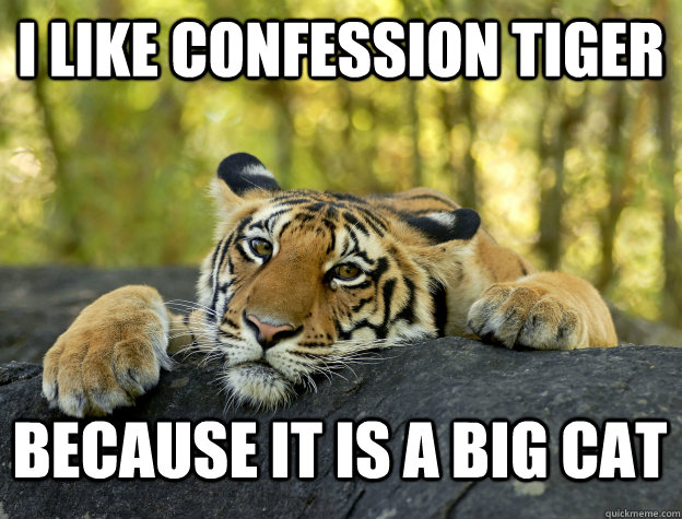 I like confession tiger because it is a big cat  Confession Tiger