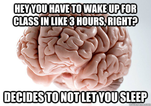 hey you have to wake up for class in like 3 hours, right? decides to not let you sleep   Scumbag Brain