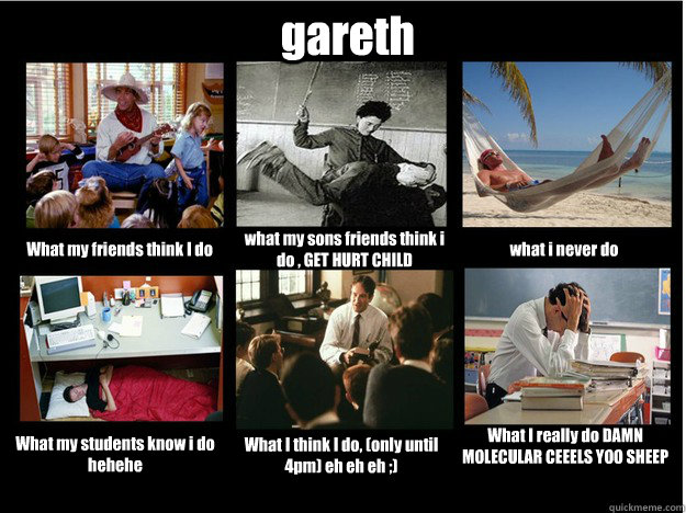 gareth What my friends think I do what my sons friends think i do , GET HURT CHILD  what i never do  What my students know i do hehehe  What I think I do, (only until 4pm) eh eh eh ;)  What I really do DAMN MOLECULAR CEEELS YOO SHEEP POOPING MONKEY  What People Think I Do