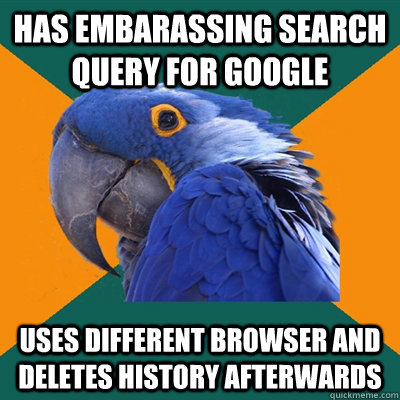has embarassing search query for google uses different browser and deletes history afterwards  Paranoid Parrot