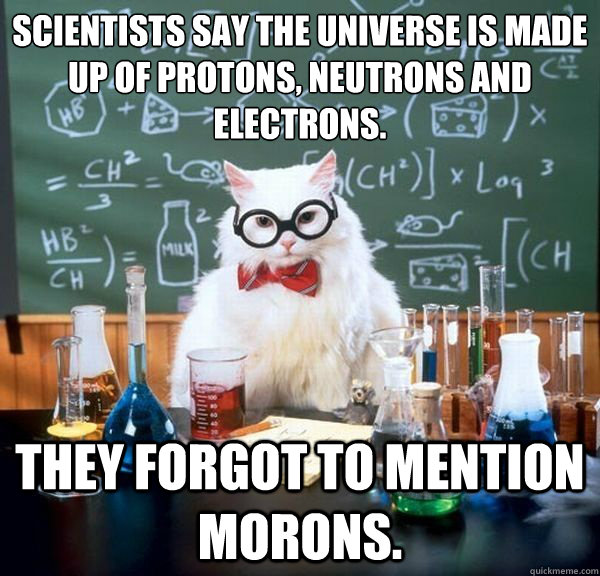 Scientists say the universe is made up of protons, neutrons and electrons. they forgot to mention morons. - Scientists say the universe is made up of protons, neutrons and electrons. they forgot to mention morons.  Professor Cat