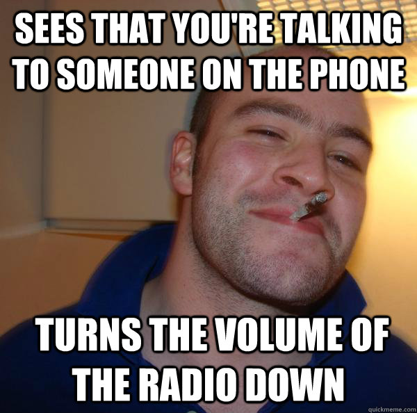 sees that you're talking to someone on the phone  turns the volume of the radio down - sees that you're talking to someone on the phone  turns the volume of the radio down  Misc
