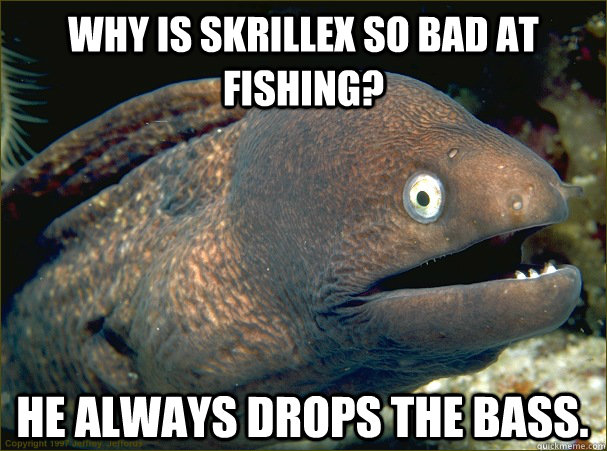 Why is Skrillex so bad at fishing? He always drops the bass.  Bad Joke Eel