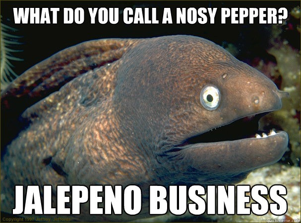 What do you call a nosy pepper? Jalepeno business  Bad Joke Eel