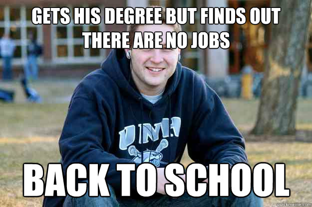 Gets his degree but finds out there are no jobs back to school  Successful College Senior