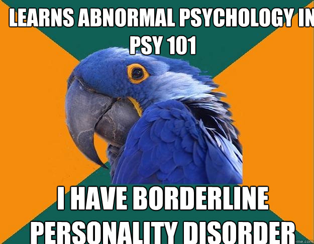 Learns Abnormal Psychology In PSY 101 I have Borderline Personality Disorder  Paranoid Parrot