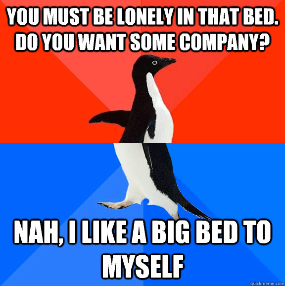 You must be lonely in that bed. Do you want some company? Nah, I like a big bed to myself  Socially Awesome Awkward Penguin