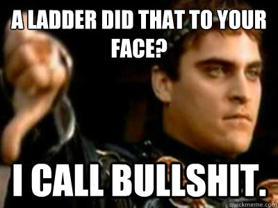 A ladder did that to your face? i call bullshit.  Downvoting Roman