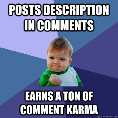 Posts description in comments earns a ton of Comment karma   Success Kid