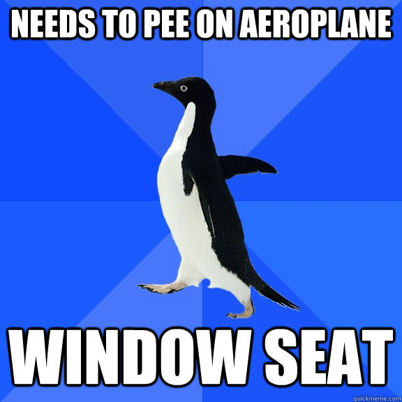 needs to pee on aeroplane window seat  Socially Awkward Penguin