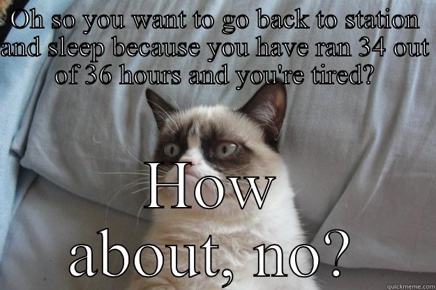 Not a chance.  - OH SO YOU WANT TO GO BACK TO STATION AND SLEEP BECAUSE YOU HAVE RAN 34 OUT OF 36 HOURS AND YOU'RE TIRED? HOW ABOUT, NO? Grumpy Cat