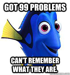 Got 99 problems Can't remember what they are.   Hey I just met you dory meme