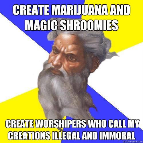 Create marijuana and magic shroomies  create worshipers who call my creations illegal and immoral  Advice God