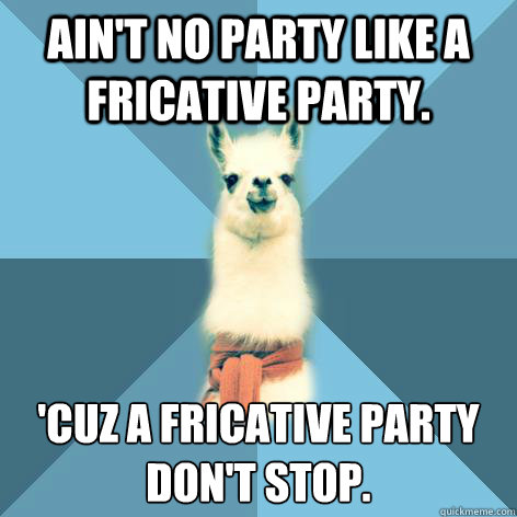 Ain't no party like a fricative party. 'cuz a fricative party don't stop. - Ain't no party like a fricative party. 'cuz a fricative party don't stop.  Linguist Llama
