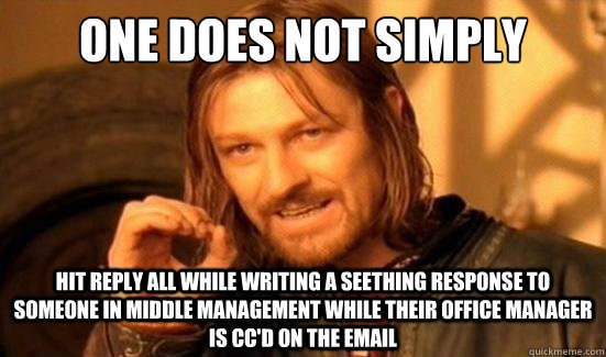 One Does Not Simply Hit reply all while writing a seething response to someone in middle management while their office manager is cc'd on the email  Boromir
