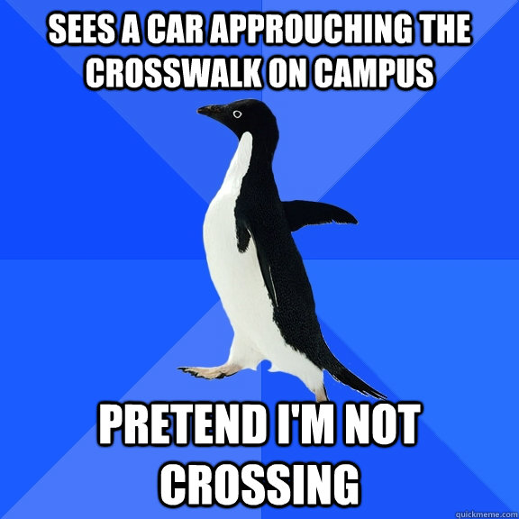 Sees a car approuching the crosswalk on campus Pretend i'm not crossing  Socially Awkward Penguin