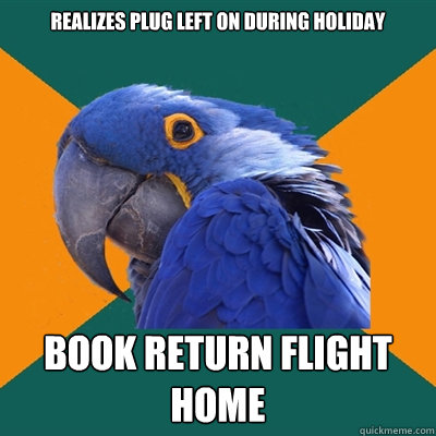 Realizes plug left on during holiday Book return flight home  Paranoid Parrot