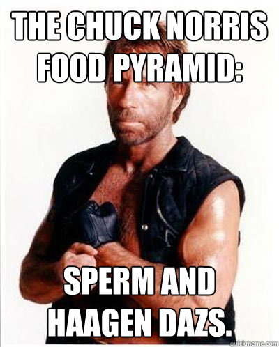 The Chuck Norris food pyramid:
 sperm and Haagen Dazs.
  Anti-Chuck Norris Facts