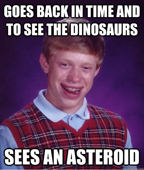 goes back in time and to see the dinosaurs sees an asteroid  - goes back in time and to see the dinosaurs sees an asteroid   Bad Luck Brian