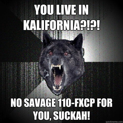 You live in Kalifornia?!?! NO SAVAGE 110-FXCP FOR YOU, SUCKAH!  Insanity Wolf