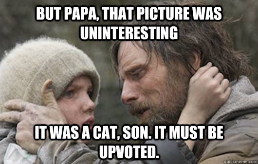 But papa, that picture was uninteresting It was a cat, son. It must be upvoted.  