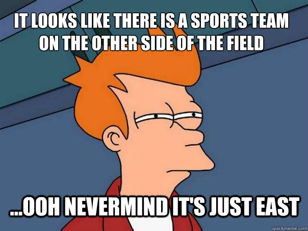It looks like there is a sports team on the other side of the field ...ooh nevermind it's just East  Futurama Fry
