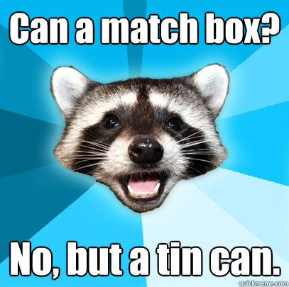 Can a match box? No, but a tin can.  Lame Pun Coon