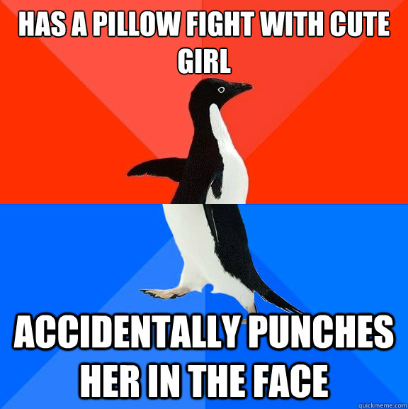 Has a pillow fight with cute girl
 accidentally punches her in the face  Socially Awesome Awkward Penguin