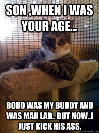 son ,when i was your age...  bobo was my buddy and was mah lad.. but now..i just kick his ass.  The Most Interesting Cat in the World