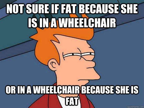 Not sure if fat because she is in a wheelchair Or in a wheelchair because she is fat  Futurama Fry